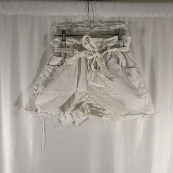 All Saints Pants - All Saints Paperbag Denim Shorts Women's 32 White Raw Hem Belted Pockets Stretch